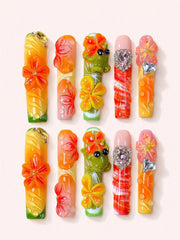 Citrus Frog Bloom handmade floral press-on nail set - product image 1