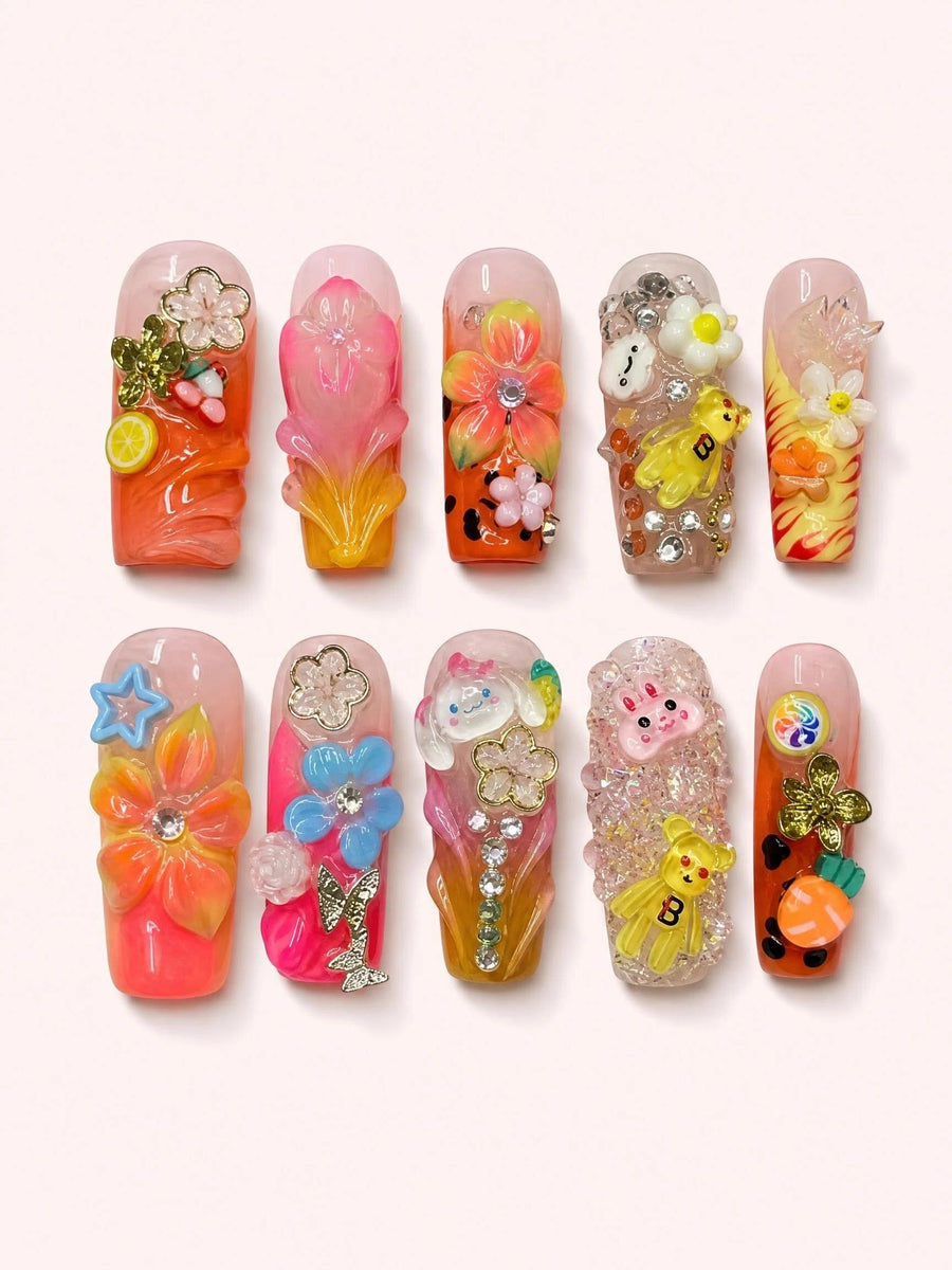 Pink Flora Spell handmade Magical Garden press-on nail set - product image 1
