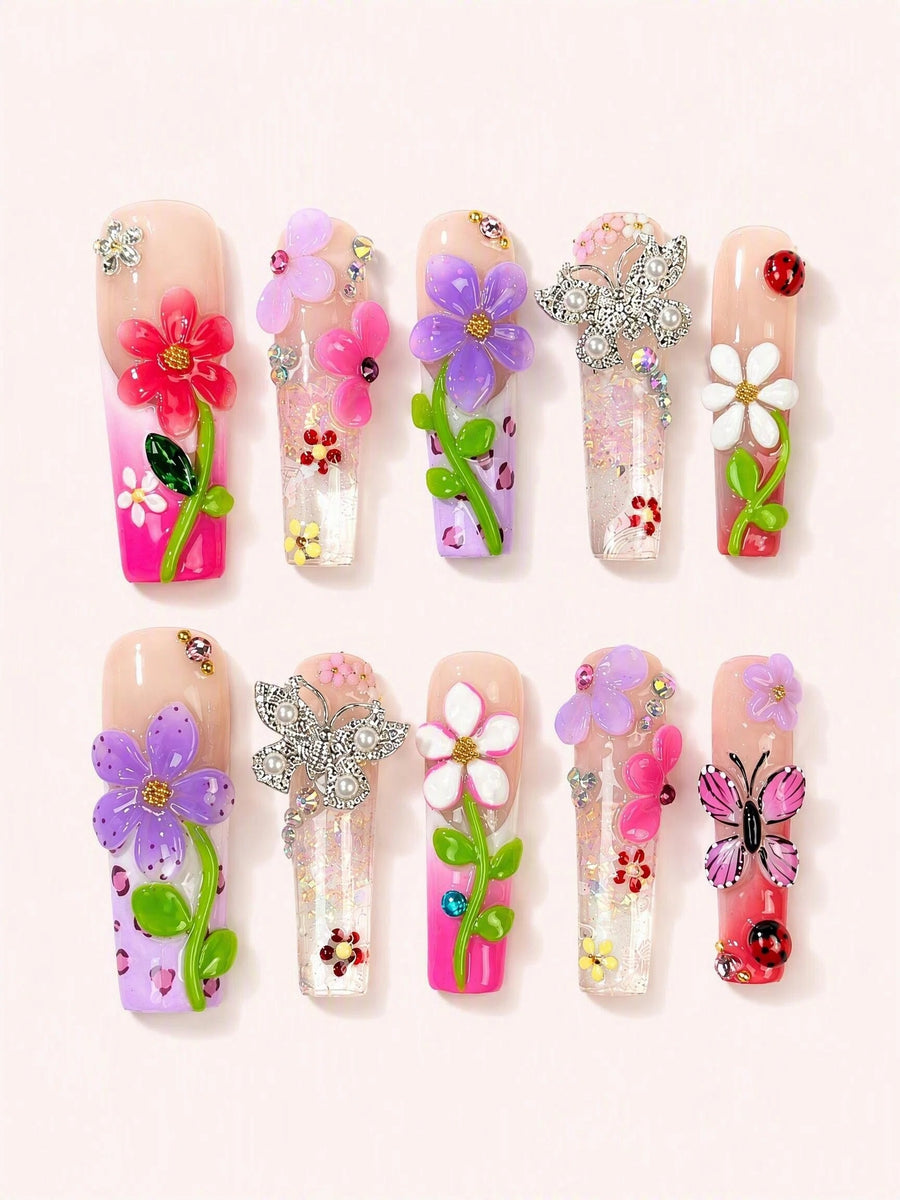 Lilac Ladybird handmade floral press-on nail set - product image 1