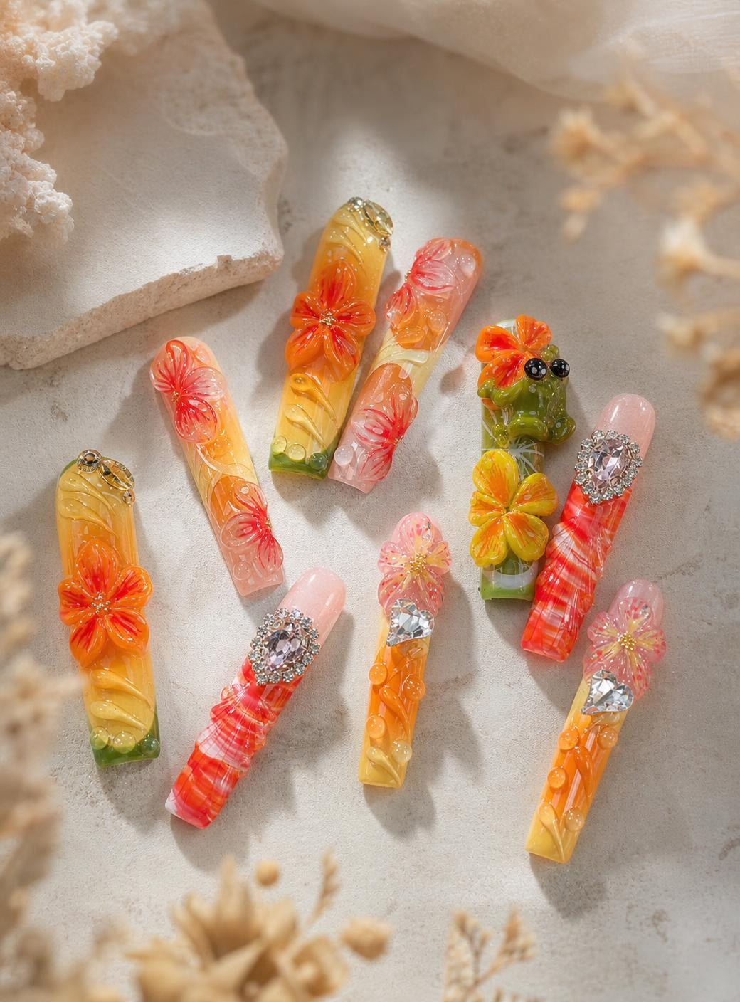 Citrus Frog Bloom handmade floral press-on nail set - product image 3