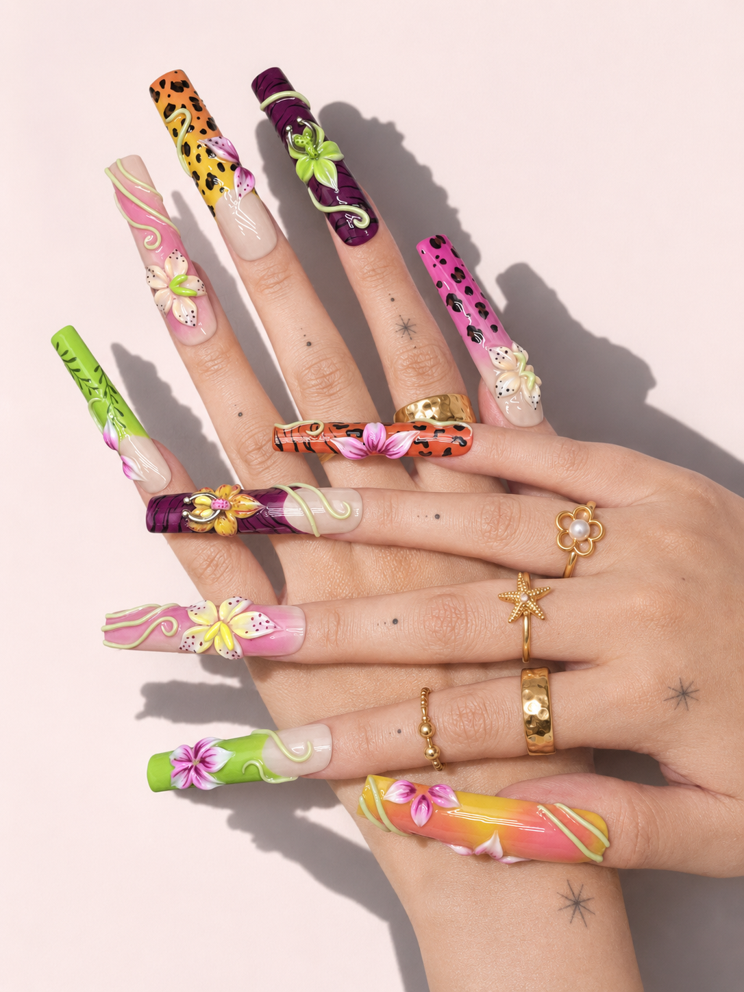 Feral Vine long square press-on nails worn on hand