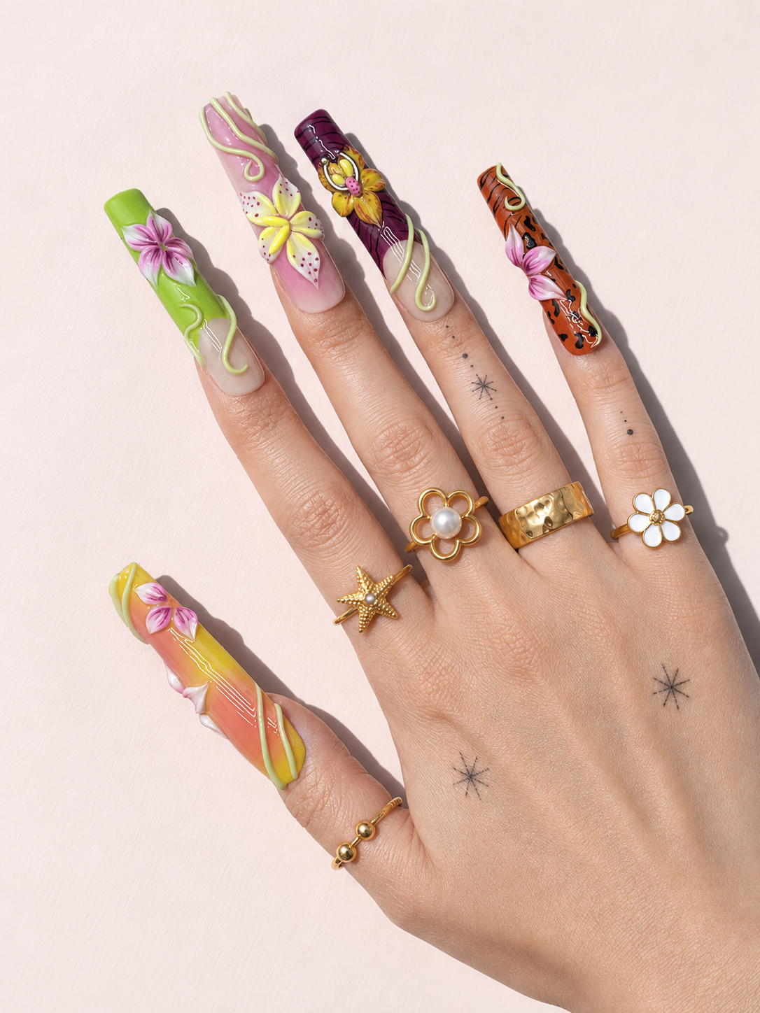 Feral Vine long square press-on nails worn on hand