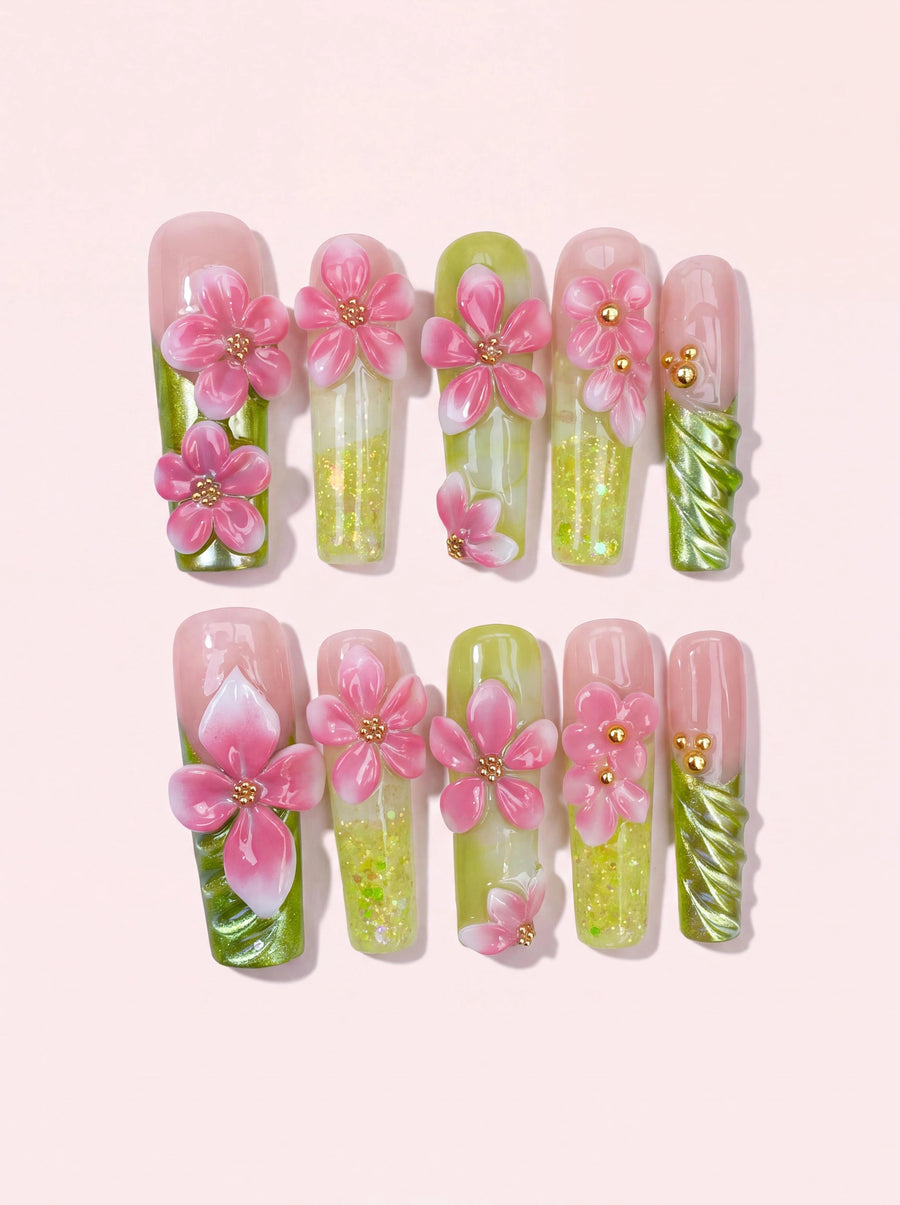 Pink Canopy long square press-on nails product view