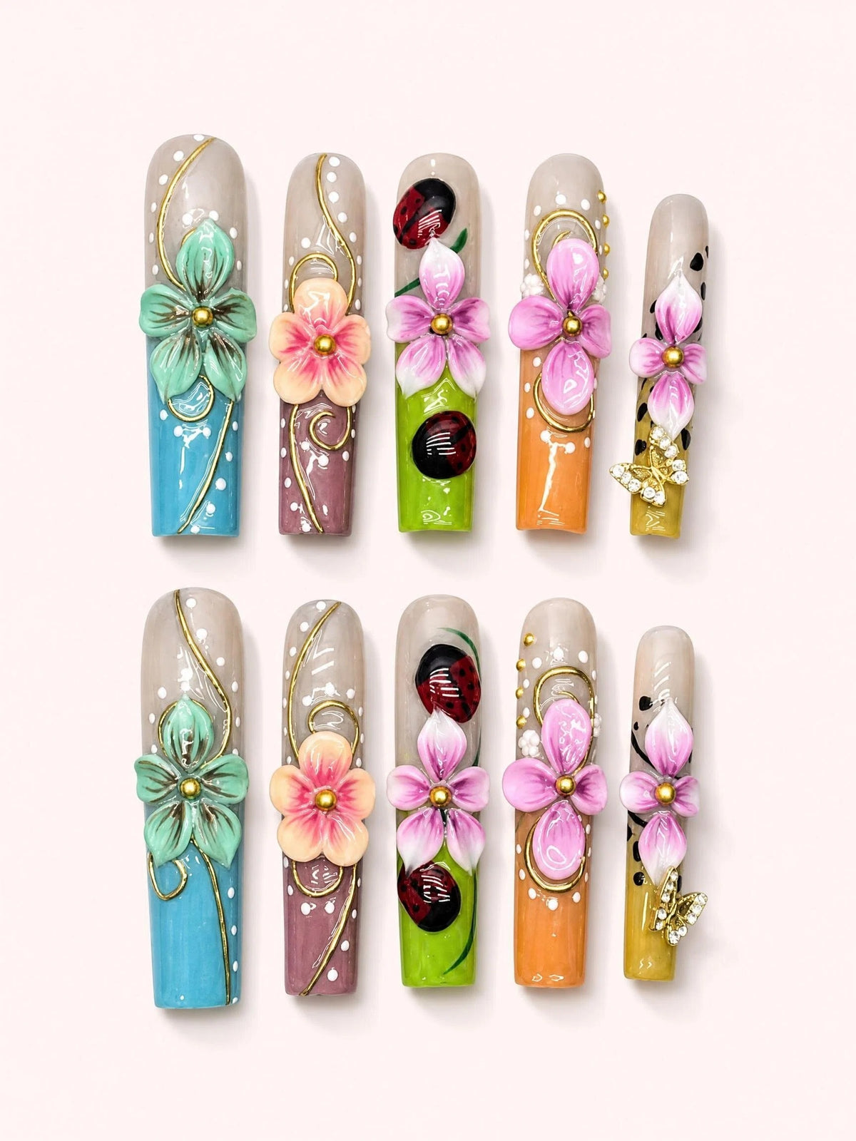 Ladybird Waltz long square press-on nails product view