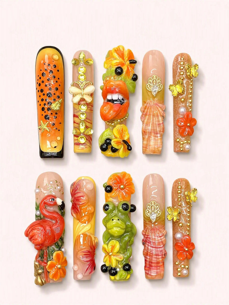Citrus Menagerie long square press-on nails product view