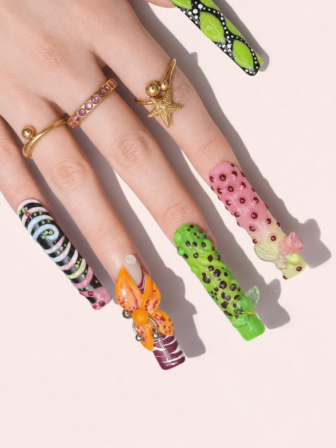 Mutant Habitat long square press-on nails worn on hand