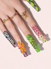 Mutant Habitat long square press-on nails worn on hand