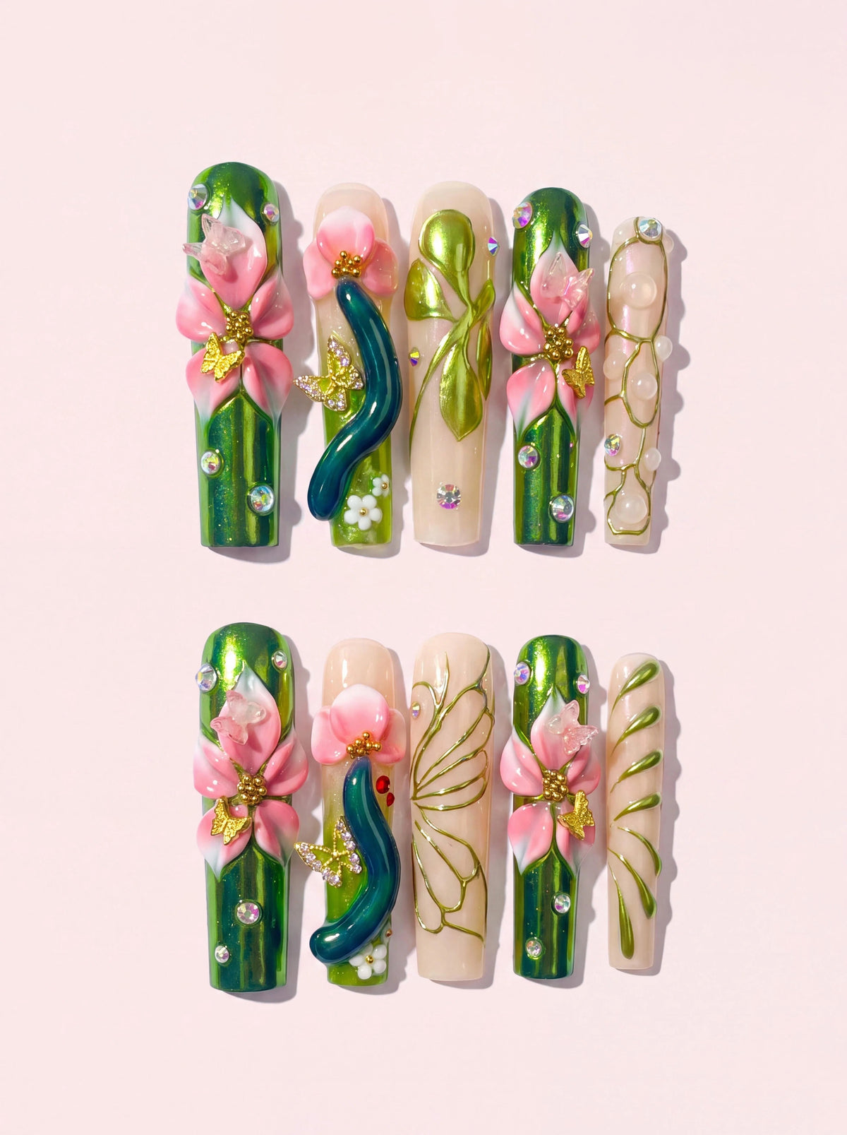 Emerald Flutter long square press-on nails product view