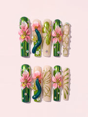 Emerald Flutter long square press-on nails product view