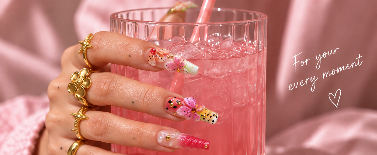 Close view of five sculptural LAVIQO nail designs