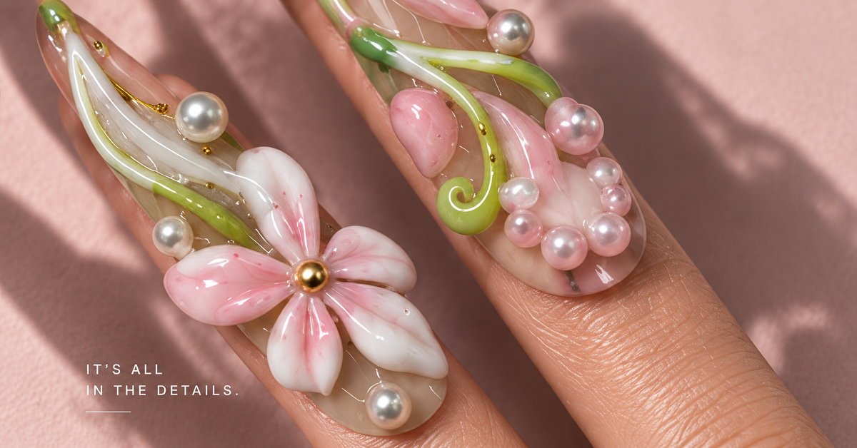 Pearl and floral sculpted press-on nail detail