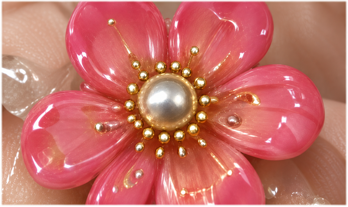 Pink sculpted flower and pearl detail
