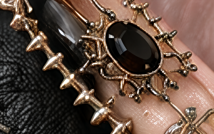 Black gemstone, metal and spike nail detail