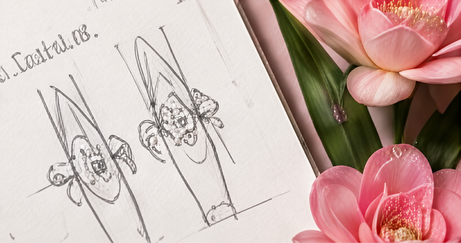 Nail design sketches with pink flowers
