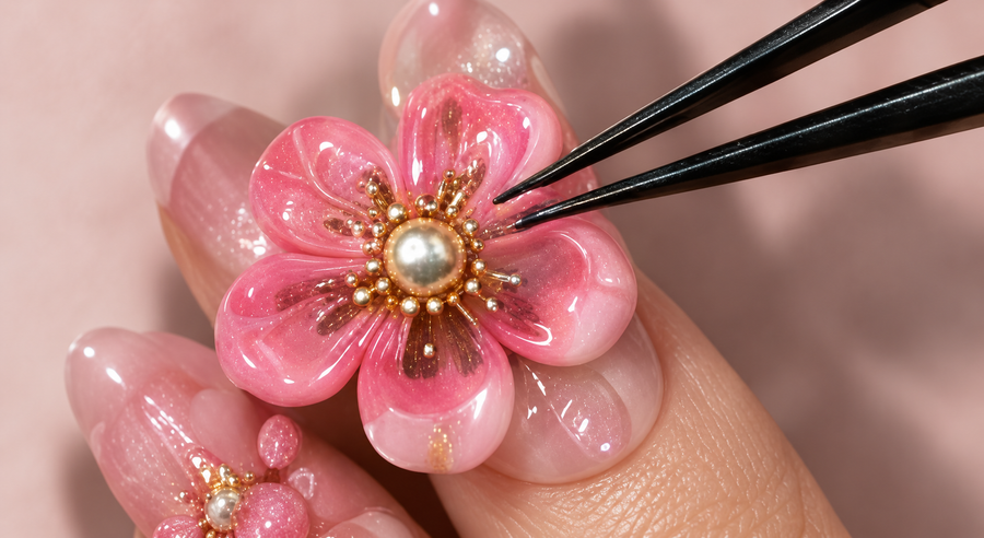 Pink sculpted flower placed with tweezers