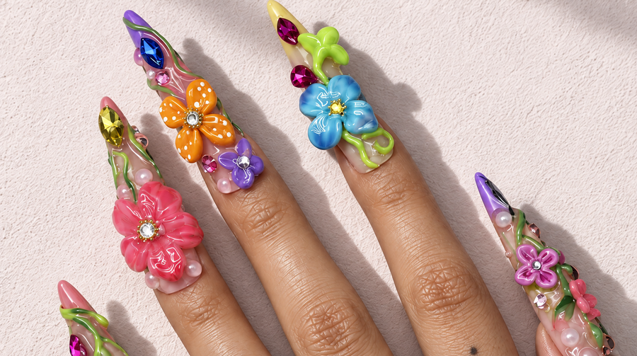 Finished colorful floral press-on nails