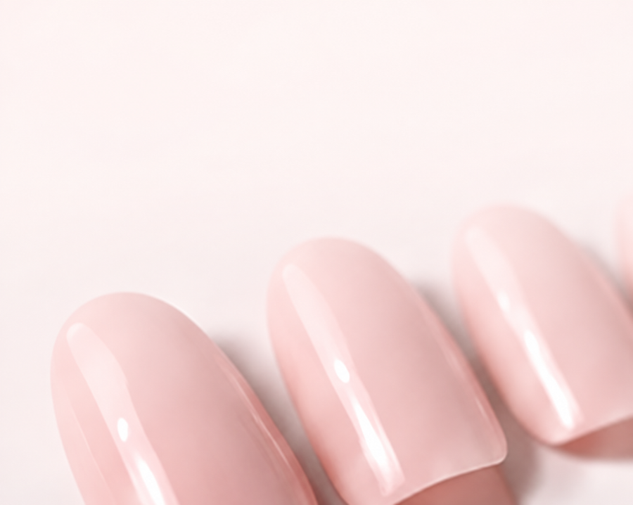 A row of soft nude pink press-on nails