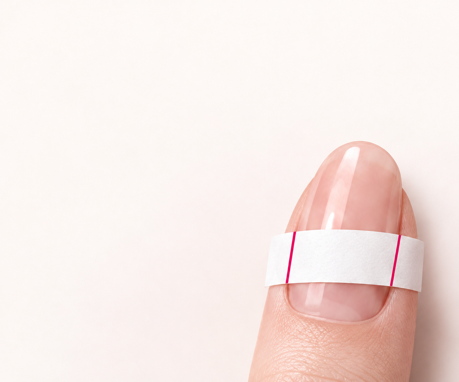 A paper strip wrapped around a nail with two pink measurement marks