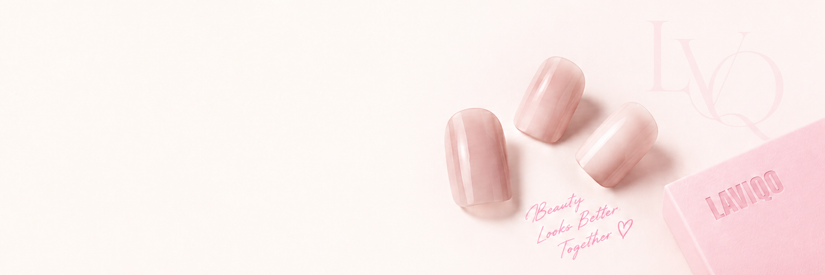 LAVIQO nude pink press-on nails and packaging