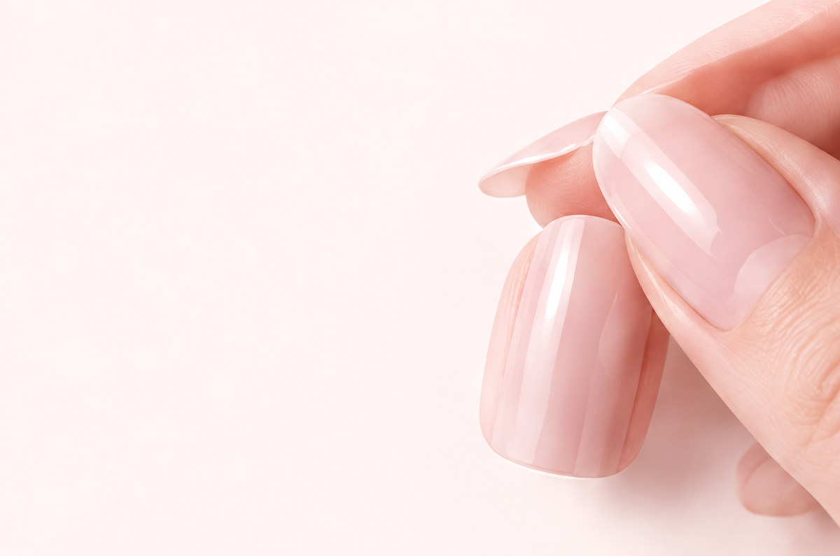Finger applying a nude press-on nail
