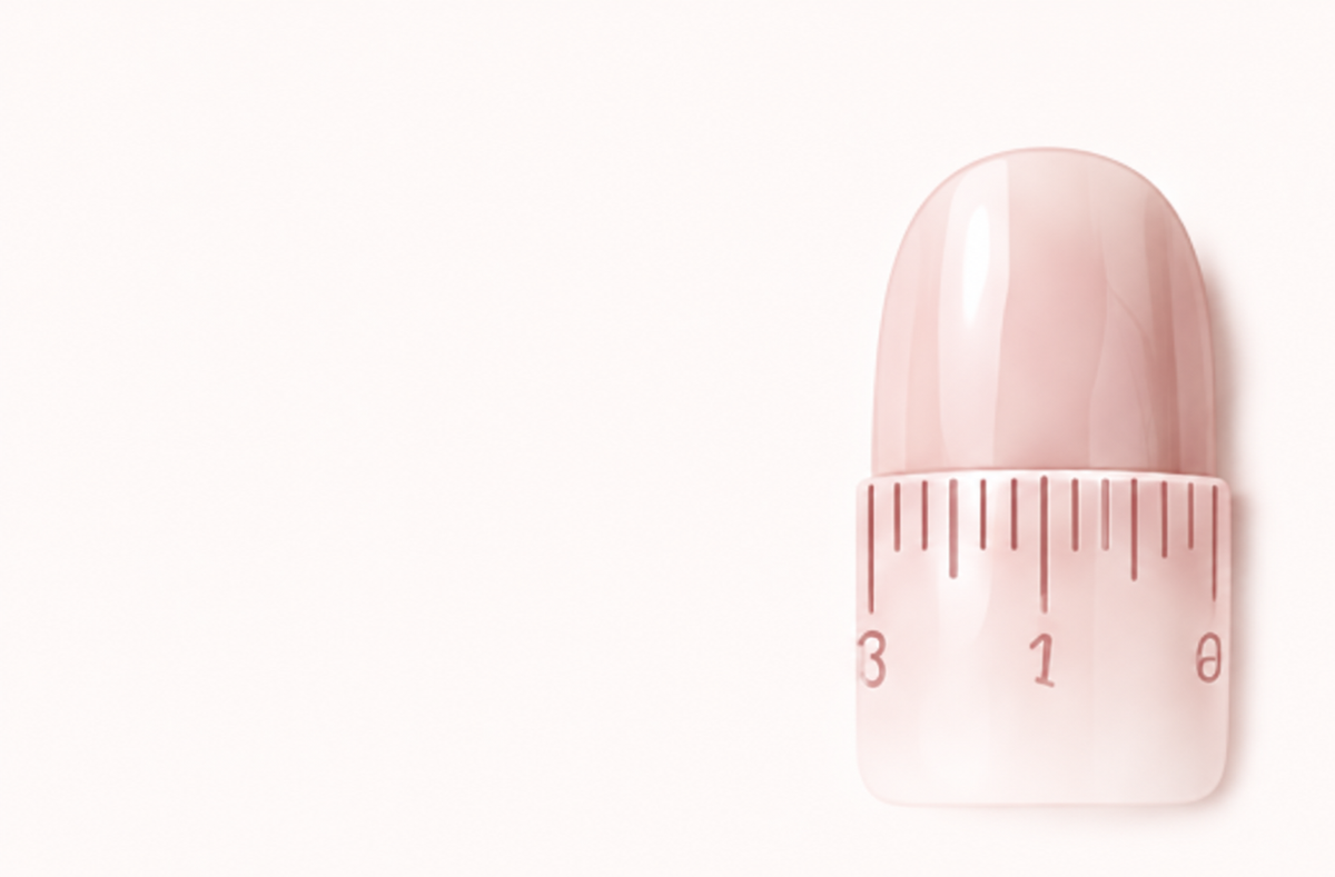 Pink ruler measuring a nude press-on nail