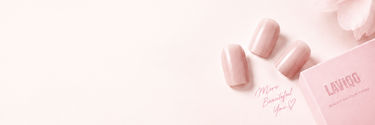 LAVIQO press-on nails and pink packaging