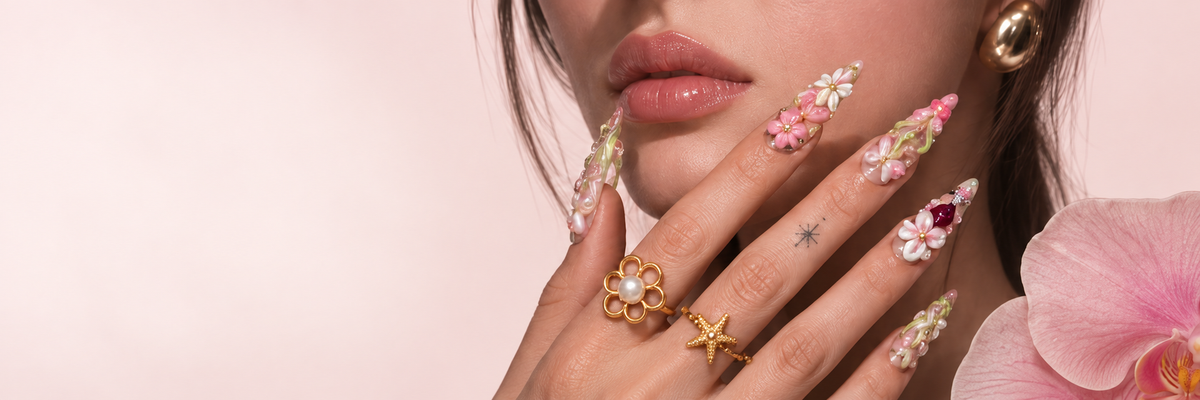 Colorful sculpted floral press-on nails