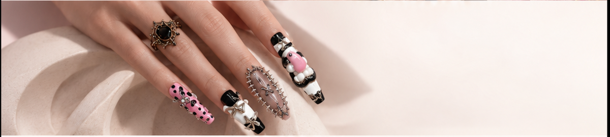Black and pink sculpted press-on nails