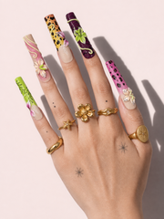 Feral Vine long square press-on nails worn on hand
