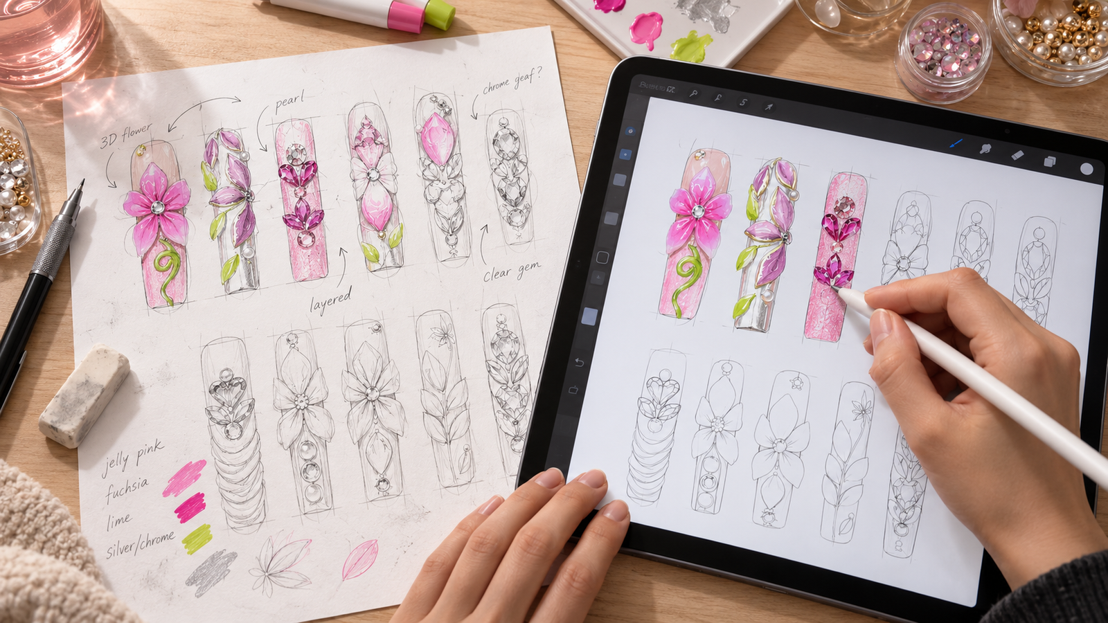 LAVIQO nail sketches beside a digital design tablet