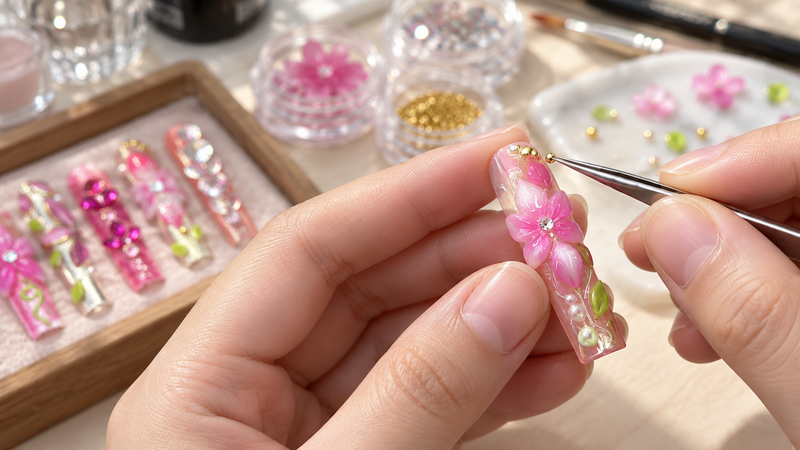 Artisan placing a gold detail on a sculptural nail
