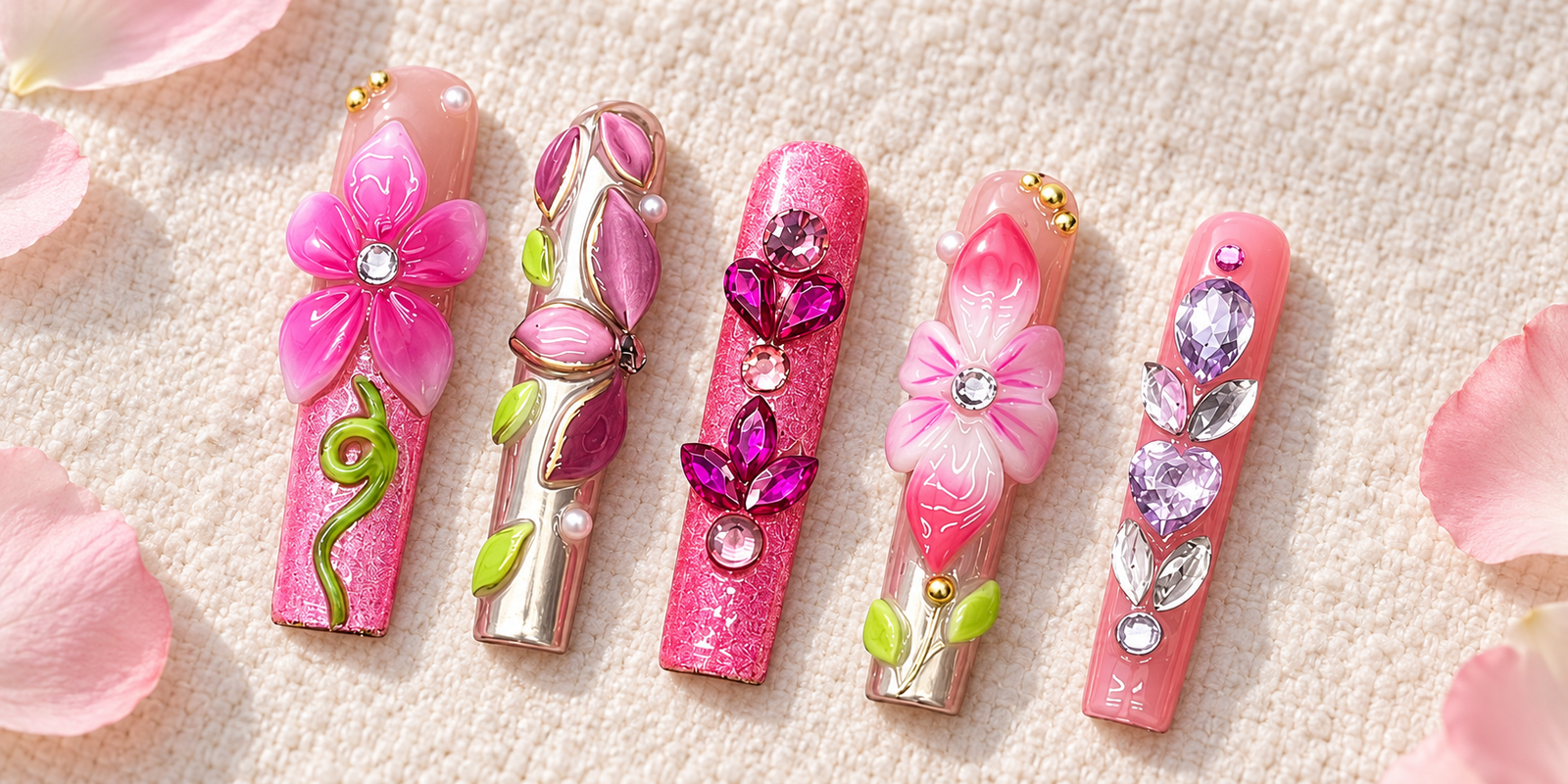 Five sculptural LAVIQO nail designs on cream fabric