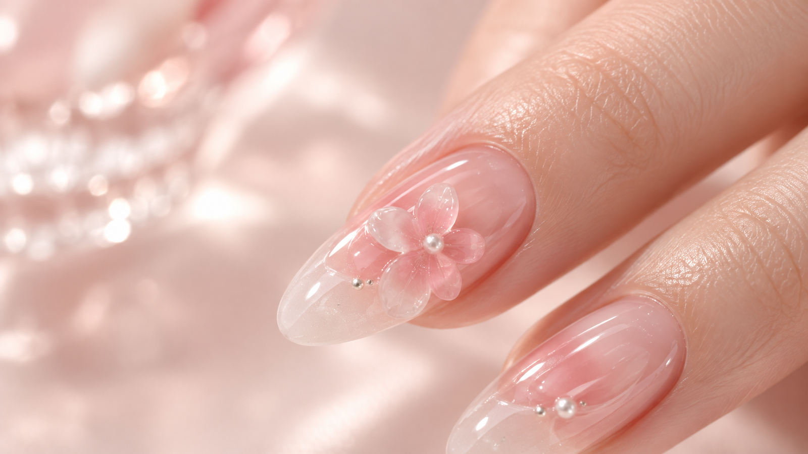 Close-up of sculpted floral press-on nail details