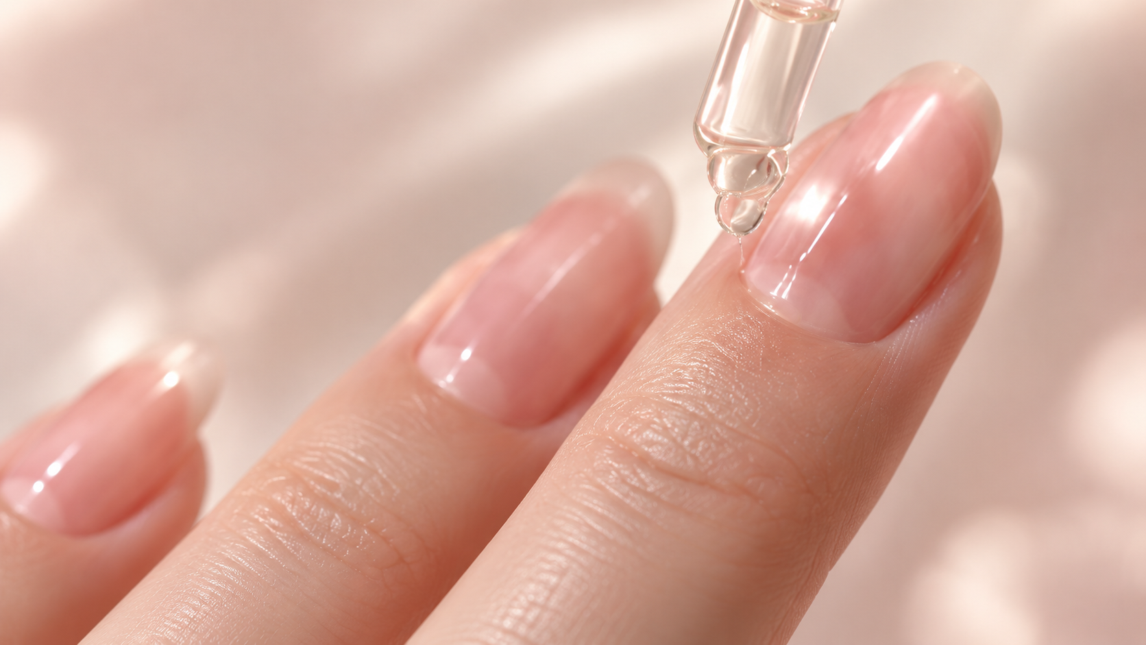 Cuticle oil drop applied to a natural nail